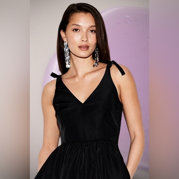 NWTS💓OCCASION OLD NAVY L💓BLACK TAFFETA FIT & FLARE SEING DRESS BACK ZIP & BOWS - Picture 7 of 16